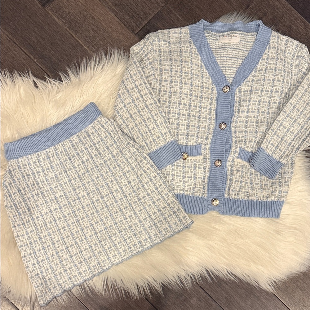 Mud Kingdom Girls Blue & White Plaid Knit Cardigan & Skirt Set  (US 10/12)